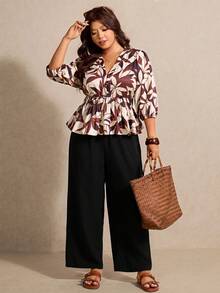 Elaquor Conjunto informal de 2 piezas de talla grande para mujer con blusa de cuello en V con volantes y estampado floral, y pantalón de pierna ancha - Multicolor - Ver 7