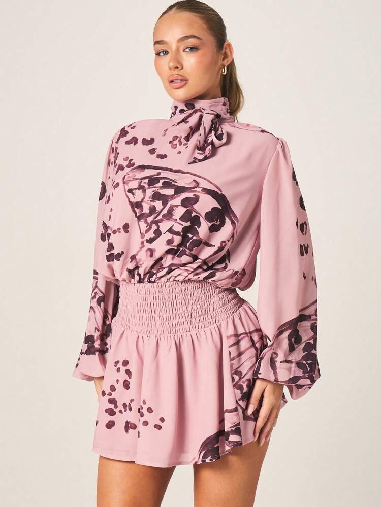 MISSGUIDED High Neck Tie Detail Chiffon Mini Dress With Butterfly Print And Smocked Waist For Spring Summer