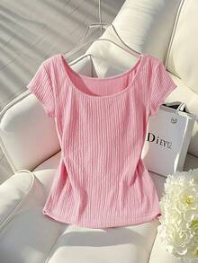 Franclia Women's Solid Color Round Neck Short Sleeve Fitted Casual T-Shirt - Pink - View 3