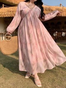Dazy Plus Plus Size Women Chiffon Floral Print Patchwork Tie-Waist Maxi Dress, Elegant Resort Style For Spring/Summer Sundress Boho Vacation Outfits Women - Pink - View 1