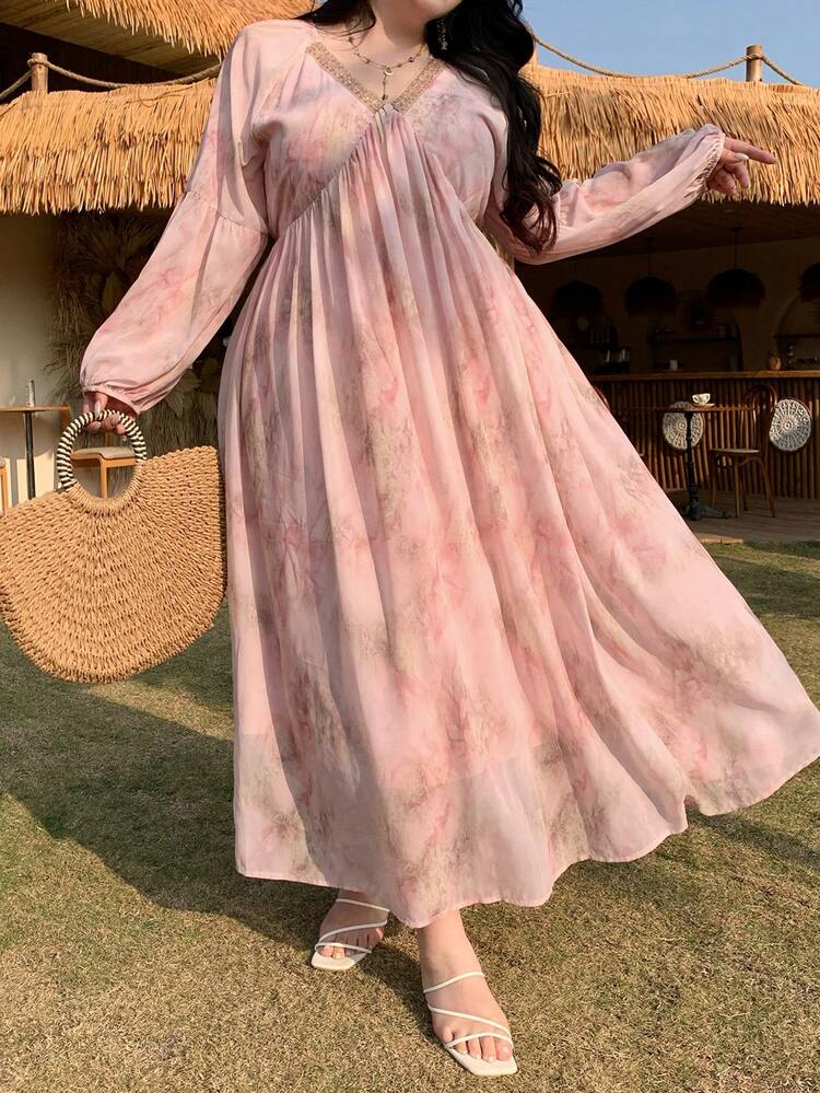 Dazy Plus Plus Size Women Chiffon Floral Print Patchwork Tie-Waist Maxi Dress, Elegant Resort Style For Spring/Summer Sundress Boho