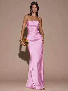 SHEIN BAE Đầm đuôi cá màu vàng kem trơn, tối giản, gợi cảm, xếp ly, hở lưng, thích hợp cho tiệc tùng, cocktail, sự kiện trang trọng, phù dâu, sinh nhật, đầm dài bằng satin, Giáng sinh, tiệc chiêu đãi, công sở thường ngày. - Màu Hồng baby - Xem 7