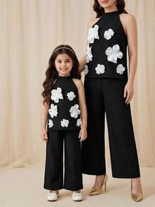 SHEIN Elladie kids Set di top a canotta con decorazione floreale e pantaloni a gamba ampia, casual estivo per ragazze - nero - Visualizzare 3