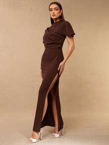 Silquee 褶裥露背镂空纯色立领优雅短袖连衣裙 - 棕色 - 查看 5