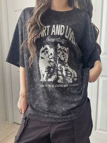 FRIFUL Women's Casual Fashionable Street Chic Daily Commute Cat Slogan Print Washed Loose Blouse, Summer - Grey - View 2