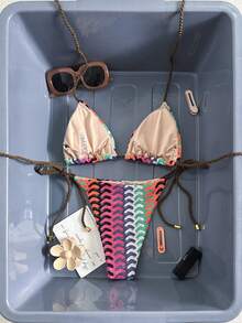 Swim Mod Set Bikini Wanita Model Halter Neck Warna-warni, Pakaian Renang Bermotif, Baju Renang Liburan Musim Panas Gaya Boho Biru untuk Pantai, Pakaian Pantai untuk Wanita - MultiWarna - View 2