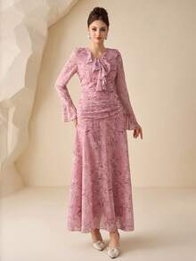 Modelyn Elegant & Romantic Floral Print Long Dress For Outdoor Wear - Pink - View 5