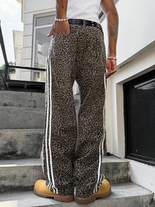 Manfinity EMRG 男士街头时尚豹纹条纹水洗直筒牛仔裤 - 彩色 - 查看 2