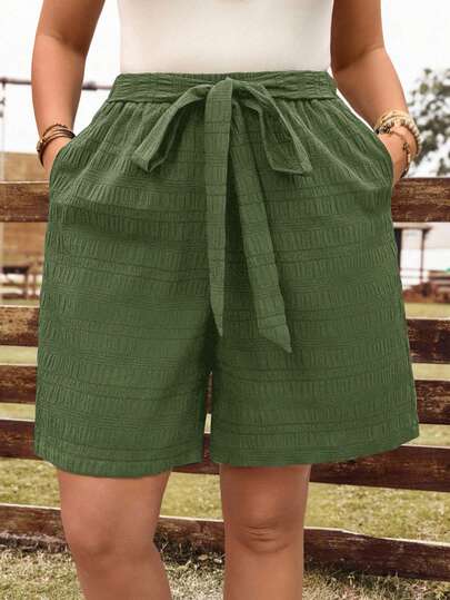 EMERY ROSE Plus Size Women Drawstring Waist Pockets Loose Boho Bermuda Shorts,Western Wear Women, Summer Outfits For Women,Spring/Summer/Vacation,Daily Wear, Wide Leg Shorts, Green Shorts For Women, Modest Shorts