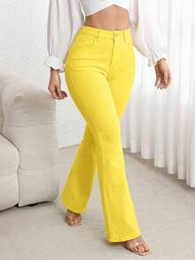 Flexra Women's High Waist Pockets Casual Versatile Flare Leg Jeans - Yellow - View 6