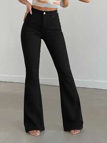 SHEIN Women's Casual Daily Solid Color Versatile Flared Jeans With Slant Pockets, Tall Women - Black - View 5