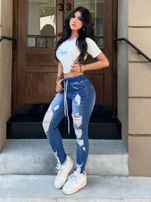 SHEIN PETITE Women's Drawstring Casual Ripped Versatile Daily Wear Summer Jeans - Blue - View 7