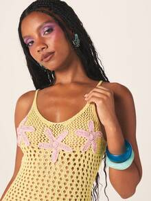 MISSGUIDED Crochet Starfish Detail Mini Dress Long Sleeve V Neck Bodycon Summer Beach Resort Vacation Knit Dress - Yellow - View 5