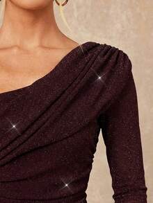 Lumalex 女士优雅派对亮片单肩连衣裙 - 酒紅色 - 查看 6