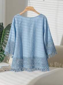 CosyJoli Plus Size Floral Embroidered Tassel Decor Elegant Tie-Front Blouse Fall - Baby Blue - View 5