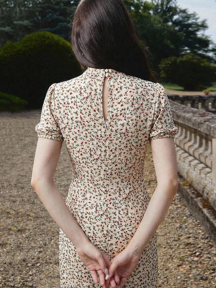 Cream Floral Print Vintage Style Fitted Woven Dress With High Neck Elegant Dress Office Outfits For Women Black Floral Dress French Style Dress Spring Summer Dress