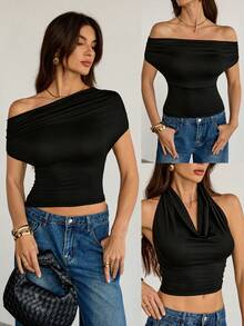 SHEIN Tall 3件套女士夏季T恤，纯色垂褶领百搭时尚上衣，一件上衣三种穿法，夏季女装，派对上衣 - 黑色 - 查看 2