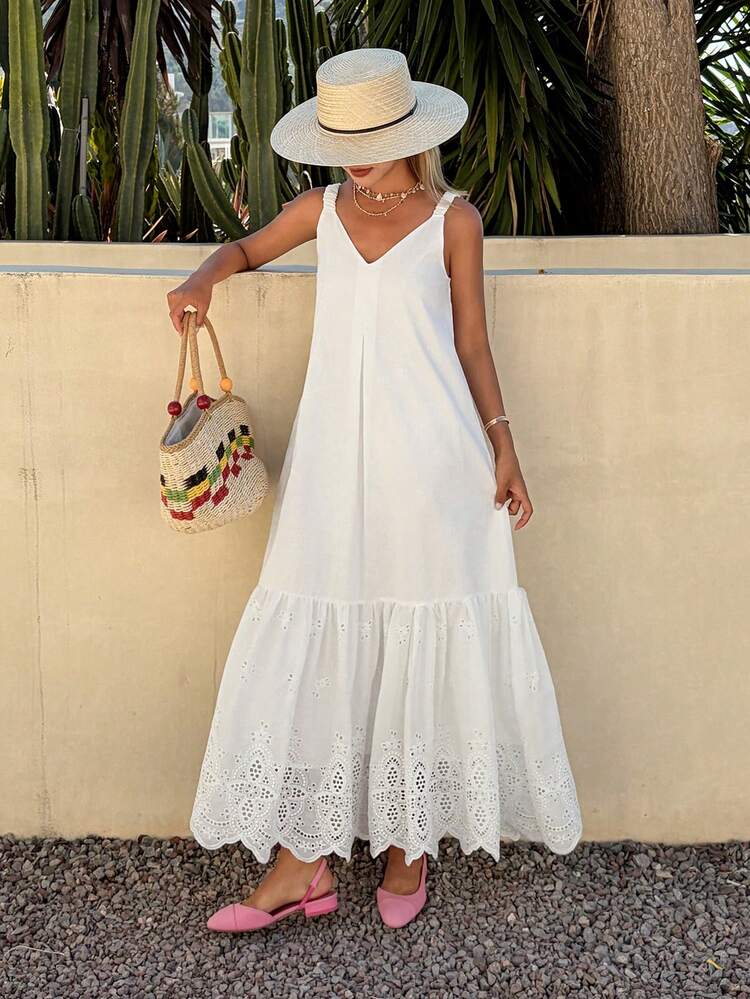 Women's V-Neck Lace Patchwork Spaghetti Strap Dress, Casual Vacation Style Summer Boho