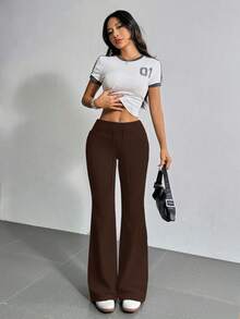 SHEIN EZwear 2条装女士新款抽绳腰喇叭裤运动裤，适合户外活动，女士正装裤，喇叭裤，阔腿裤，高腰女裤，女士正装裤，喇叭裤，阔腿打底裤 - 棕色 - 查看 5