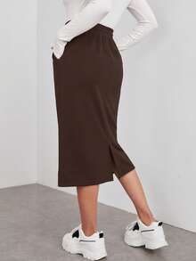 SHEIN EZwear Casual Midi Skirt For Women Brown Plain Straight Fabric With Pockets Drawstring Closure Casual Skirt Brown Skirt Skirt Midi Elastic Waist Skirt - Brown - View 2