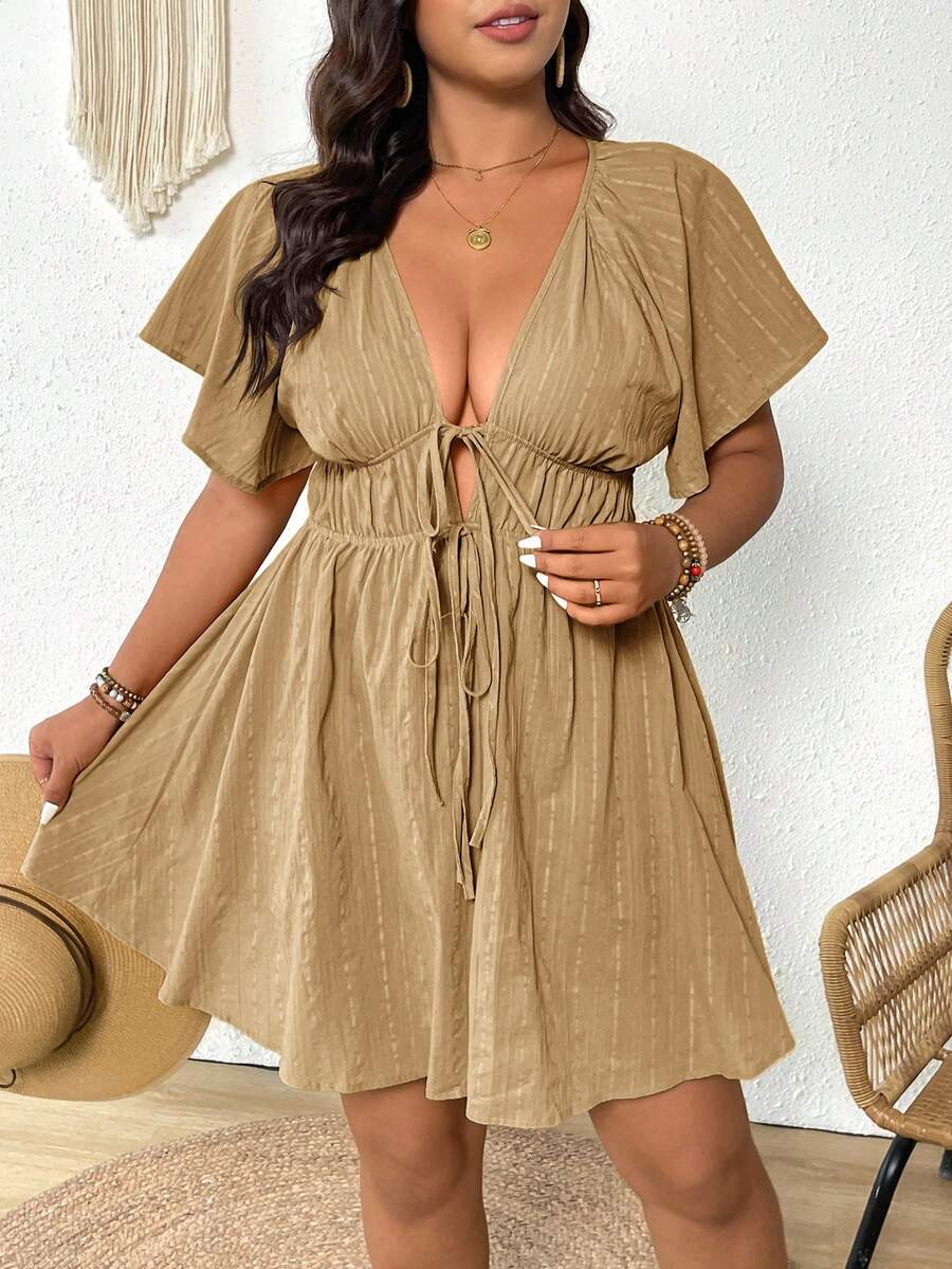 Elaquor 大码休闲度假风荷叶边袖V领系腰连衣裙 - 杏色 - 查看 1