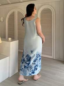 Dazy Plus Piyama Tidur Kasual Tanpa Lengan Leher Bulat Motif Bunga untuk Wanita Ukuran Besar - Biru - View 8