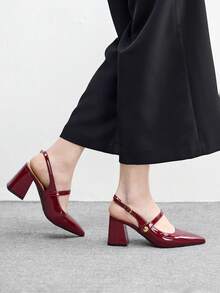 CUCCOO BIZCHIC Women's Fashion High-Heeled Shoes, Buckle Thick Heel Global Four-Season Commute Elegant Foundation Holiday Vacation Office Outdoor Daily Versatile - Burgundy - View 4