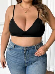 SHEIN CURVE+ Plus Size Sexy Solid Color Spaghetti Strap Wireless Bra, Summer - Black - View 3