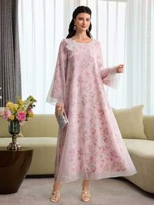Yasmyna Elegant Floral Print Loose Fit Long Tunic Top With Layered Floral Applique - Multicolor - View 7