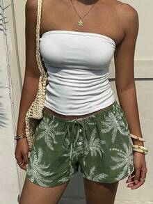 Aloruh Women's Summer Beach Vacation Tropical Palm Tree Print Drawstring Waist Shorts, For Music Festival And Vacation,,Spring/Summer - Brown - View 8