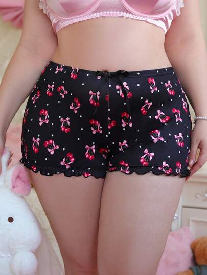 PetitDoll Plus Size Women Cherry Bow Comfortable Cute Frill Trim Boyshort Panties