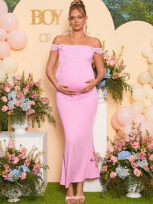 Loomaby Pregnant Women's Floral Contrast Lace Off-Shoulder Fitted Elegant Dress Dress Gender Reveal Dress Maternity Dress Baby Shower Dress - Pink - View 7