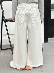 DAZY Young Girl Elastic Waist Pocket Design Casual Loose Wide Leg Jeans - White - View 2