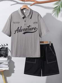 SHEIN 2件套青少年男童休闲舒适学院风简约时尚个性化字母印花短袖Polo衫、针织上衣和梭织短裤套装，适合春夏日常穿着、运动、外出、上学、聚会、节日、拍照、返校季等场合。青少年男童两件套，韩版男童时尚套装，夏季青少年男童短裤套装，宽松男童套装。 - 彩色 - 查看 3