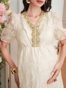 Momance 时尚孕妇镂空设计连衣裙 - 香檳色 - 查看 6