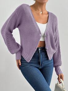 SHEIN Cottnline Casual Solid Color Drop Shoulder Cardigan, Autumn - Lilac Purple - View 5