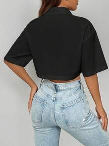 Chiquease Women's Casual Solid Color Front Button Short Sleeve Cropped Shirt, Summer - Black - View 2