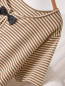 CosyJoli Plus Size Women Summer Casual Versatile Striped Loose Round Neck T-Shirt , Bowknot Back Short Sleeve Top - Khaki - View 4