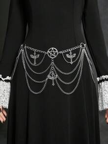 ROMWE Goth 1件裝女款銀色鏤空五角星飛蛾十字配件 多層鏈條裝飾 腰鍊 適合洋裝牛仔褲 黑暗龐克哥德風 日常百搭 送禮首選 - 銀色五角星飛蛾十字架多層腰鏈 - 查看 1