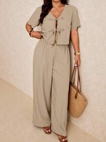 Elaquor Plus Size Women's Solid Color Front Tie Short Sleeve Shirt And Pants Casual 2-Piece Set - Apricot - View 5