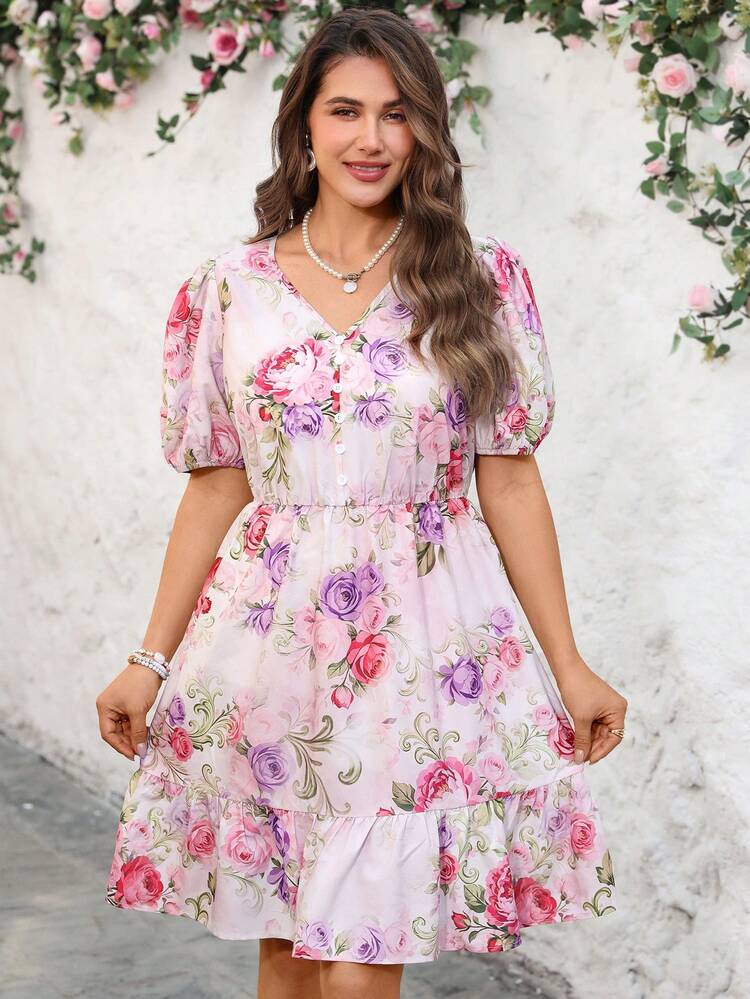Plus Size Women V-Neck Floral Print Ruched Waist Elegant Petal Sleeve Dress, Suitable For Dates And Parties/Summer/Vacation/Elegant,Floral Dresses For Women,Vacation Outfits Women,Birthday Outfits For Women ,Going Out Outfits,Summer Outfit For Women Women Floral Dress Boho Dress For Women Wildflower Dress Women Summer Dress,Spring Clothes Women,Summer Outfits Orchid Dress Tea Party Dress Garden Party Dress Flower Dress Woman,Spring Dresses,Floral Dress For Women Pink Floral Dress For Women Women Easter Dress Flowery Dress Floral Gown Floral Dress With Sleeves Pretty Dress For Women Latest Dress Women's Dresses Online Wholesale Dresses Women's Floral Dress Women's Summer Dress Puffed Sleeve Dress Ruffle Hem Dress Women's Floral Summer Dress Women's Summer Dresses Floral Print Dress Women's Spring Dress V-Neck Floral Dress