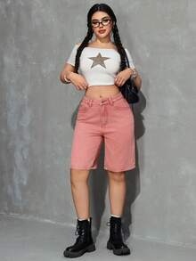 SHEIN EZwear Women's Summer Casual Slant Pocket Straight Leg Denim Shorts - Baby Pink - View 7