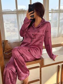 Faux Silk Bow Striped Women Pajama Set - Purple - View 6
