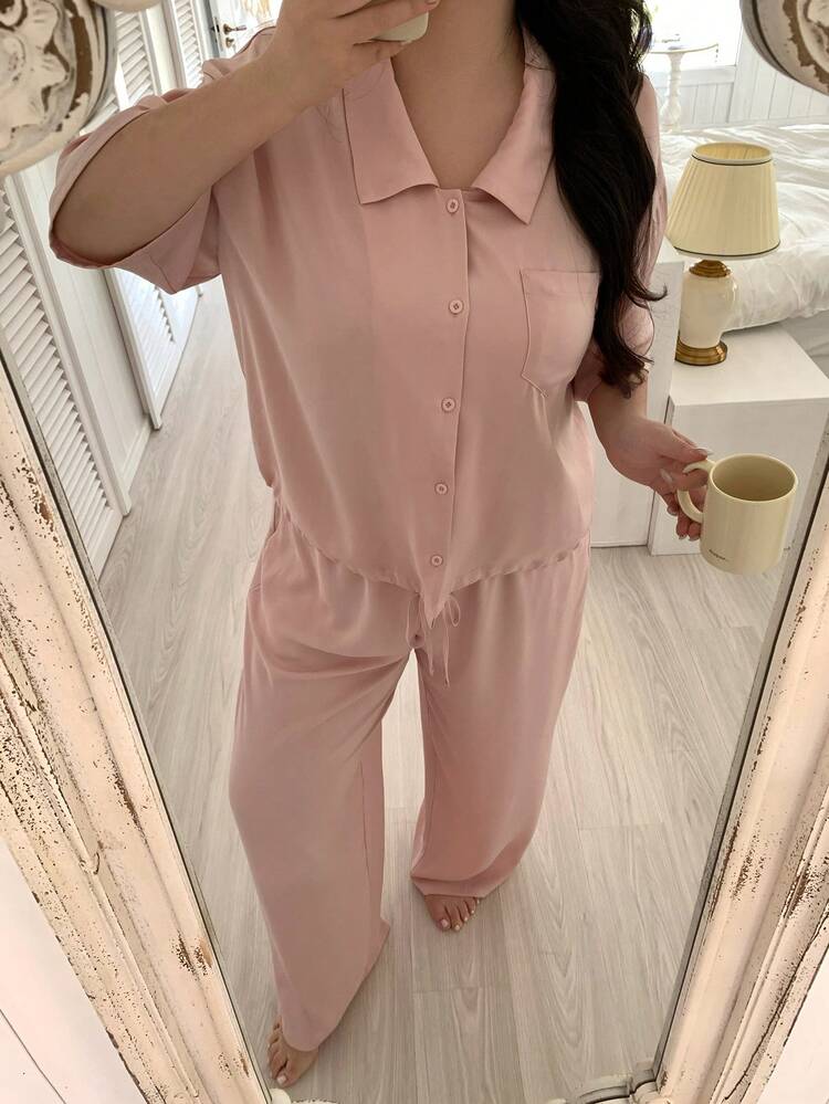 Dazy Plus Plus Size Women's Simple Solid Color Drop Shoulder Loose Drawstring Hem Shirt And Pants Pajama Set, Spring/Summer/Autumn