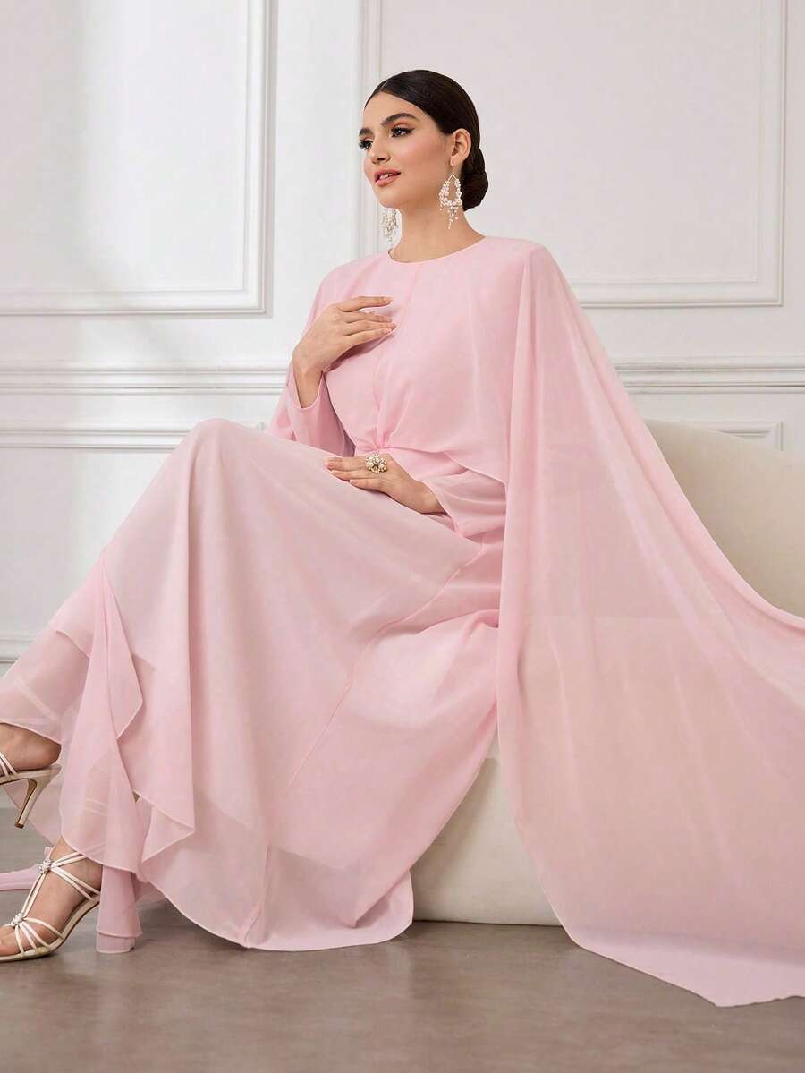 Al Najma French Design Ruffle Hem Flare Sleeve Women Dress - Pink - View 1