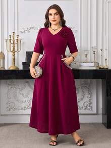 Modelyn 女士优雅简约V领修身连衣裙，饰有胸针，短袖 - 酒紅色 - 查看 1