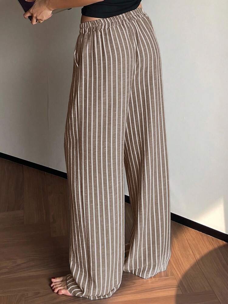 Striped Pattern Loose Straight Leg Long Pajama Pants For Women, Loungewear