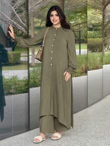 Veilorie Women's Solid Color Front Button Asymmetric Hem Long Sleeve Top And Pants Elegant 2 Pieces Set - Army Green - View 7