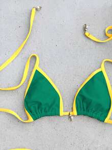 Swim Mod 2pcs/Set Women's Green Summer Gay Beach Holiday Swimwear,Contrast Shell Decor Halter Backless Triangle Top&Side Tie Bikini Bottom Resort Party Outfit - Multicolor - View 4