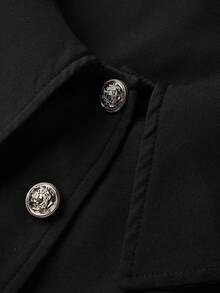 Franclia Women's 2 Pieces Suit Set, One-Shoulder Big Lapel, Front Center Gold Button Closure, Waist-Cinched Silhouette. Women's Straight Skirt, Asymmetric Side Slit Design, Fashionable & Elegant Women's Suit & Skirt Set - Black - View 3